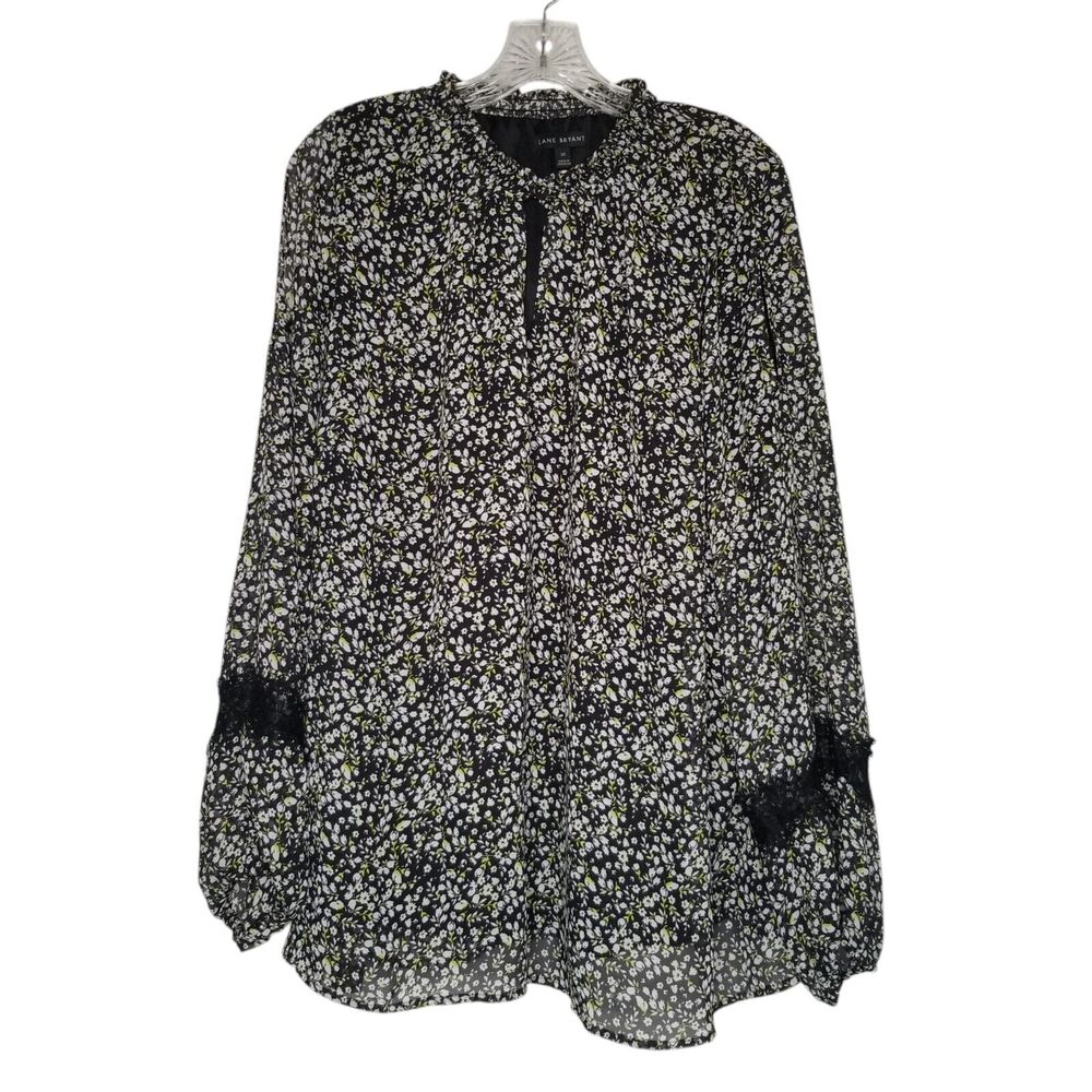 Lane Bryant Peasant Blouse Top Black Floral Popover Shirt Size 22 Boho Flowy
